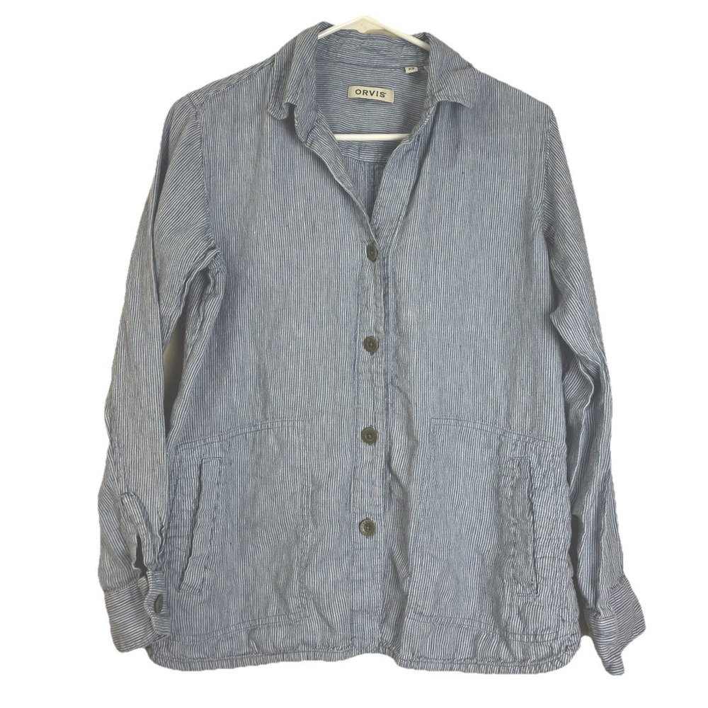 Vintage Orvis Linen Striped Workwear Shirt Pockets Size X-Small XS